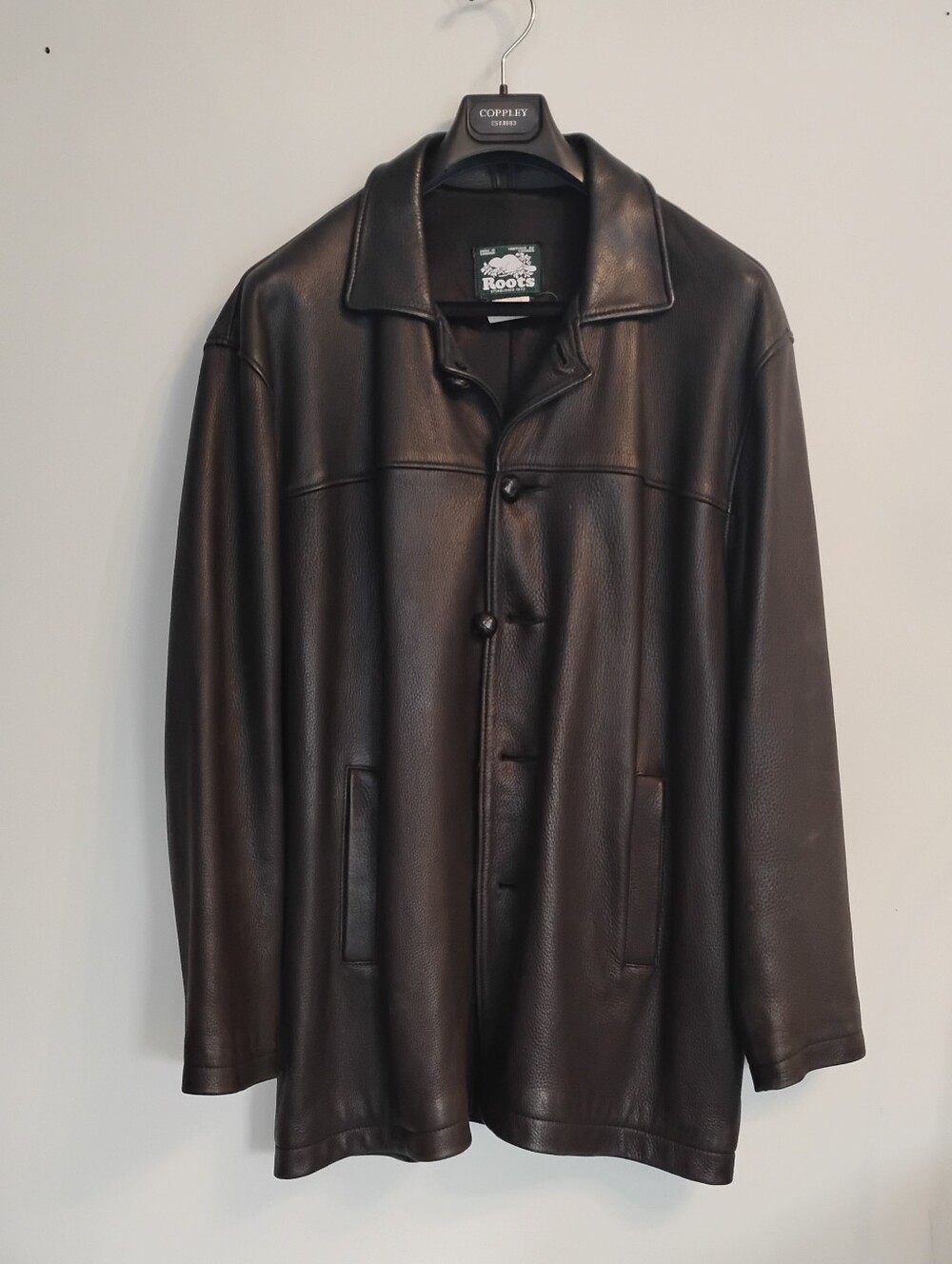 Vintage 90s Roots Black Leather Car Coat Jacket - Made in Canada
